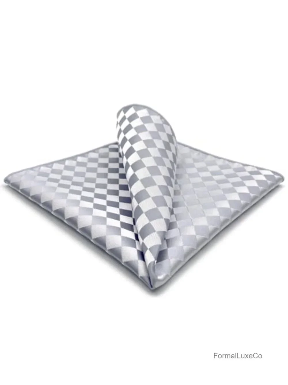 Men's Satin Pocket Square Light Grey Silver Off White Checkered Rhombic